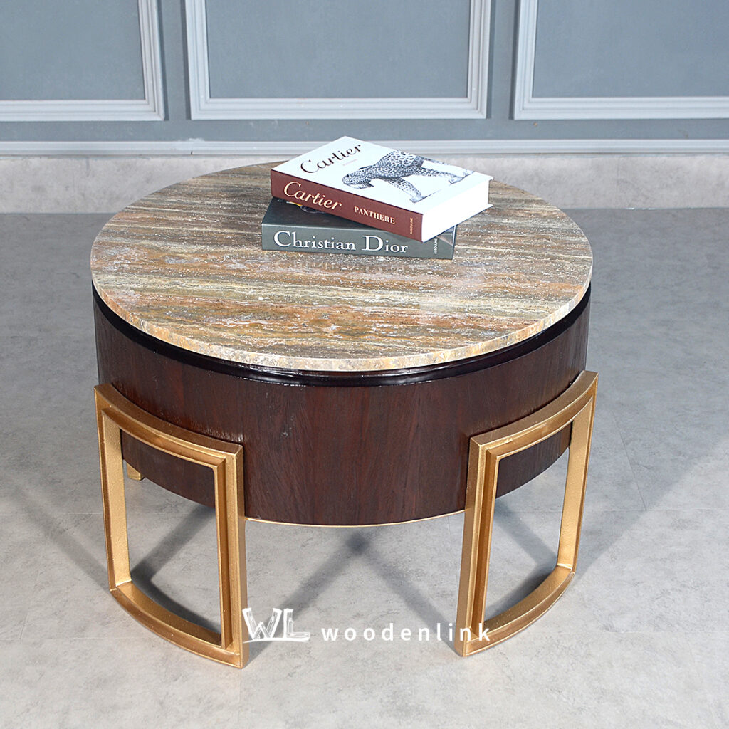 Wood, Round Marble Table, Elegant Coffee Table, Living Room Table, Sturdy Brass Legs, Woodenlink, Adriana Table -03