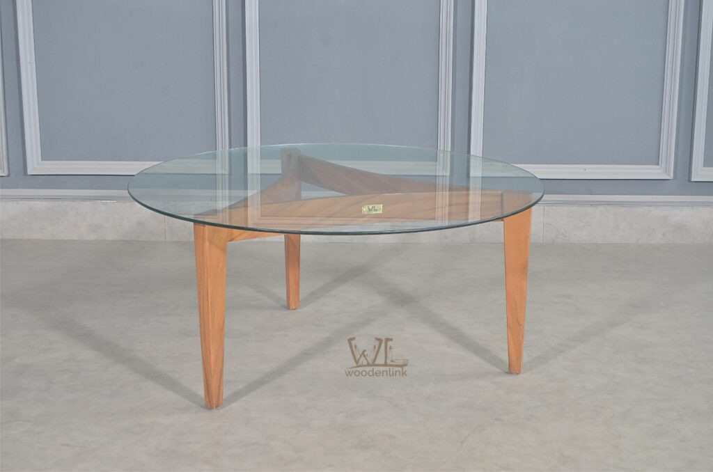 Wood, Round Coffee Table, Glass Table with Wooden Base, Living room coffee table, Woodenlink, Arif Coffee Table -02