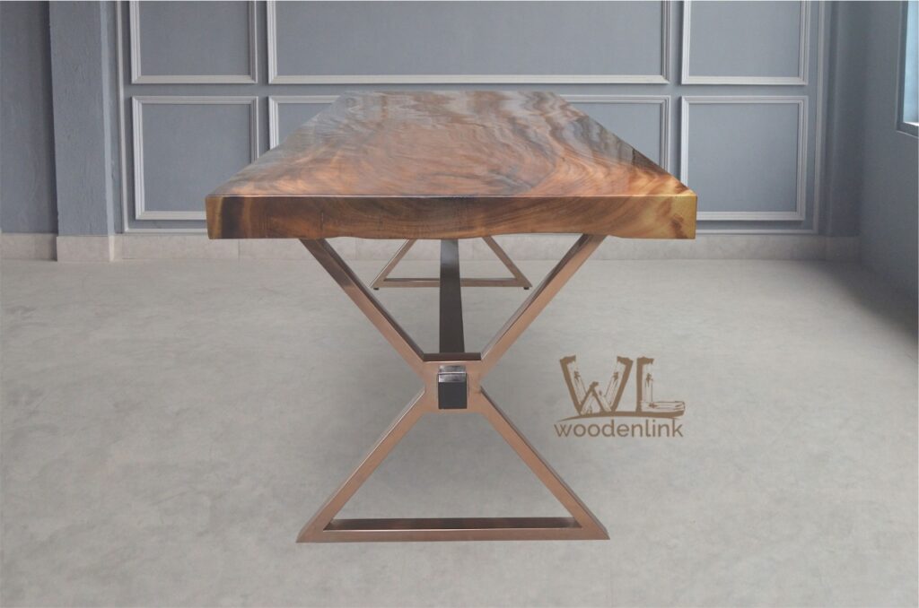 Wood, Metal Base dining table, Solid wooden tabletop with brown finish, 10 Seater dining table, Woodenlink, Hanks Dining Table -06 | remove oil stains from wooden table